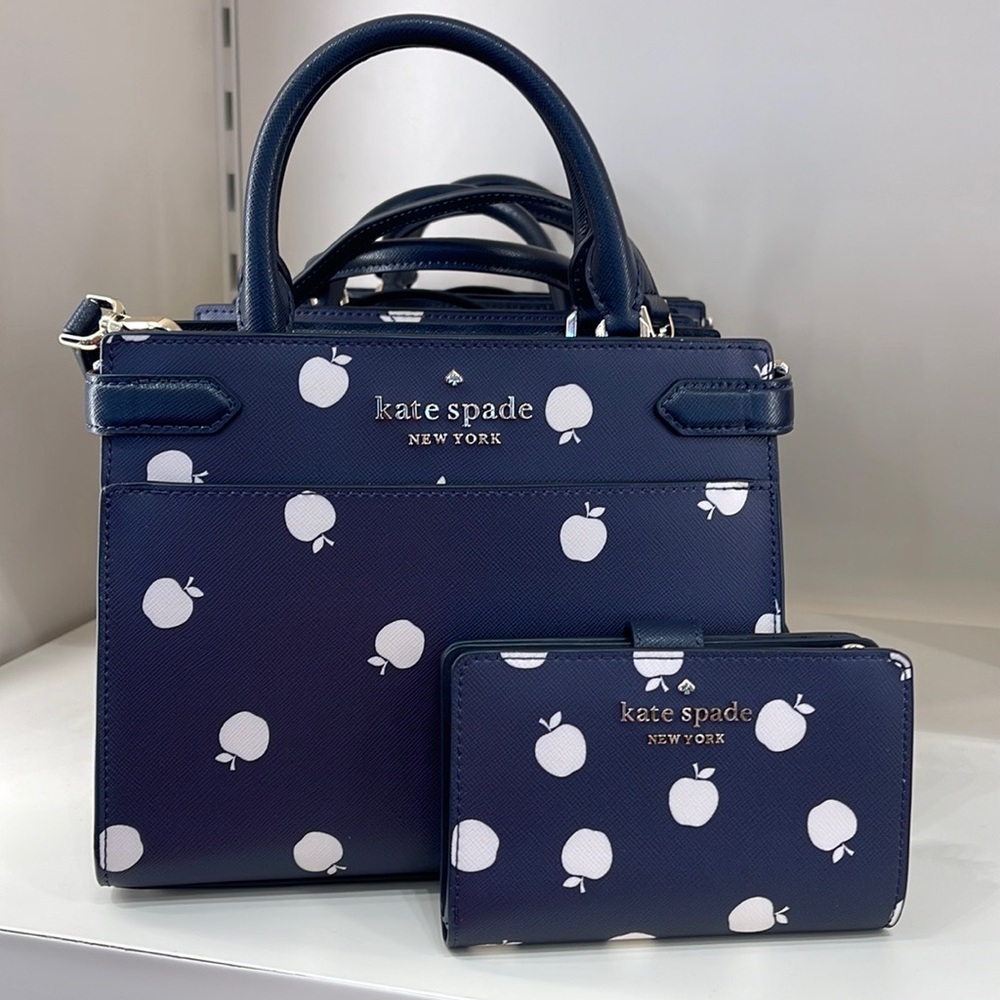 Kate Spade Staci Sm Satchel Orchard Toss Pr & Staci Lg White Apple Bifold Wallet - Picture 2 of 16